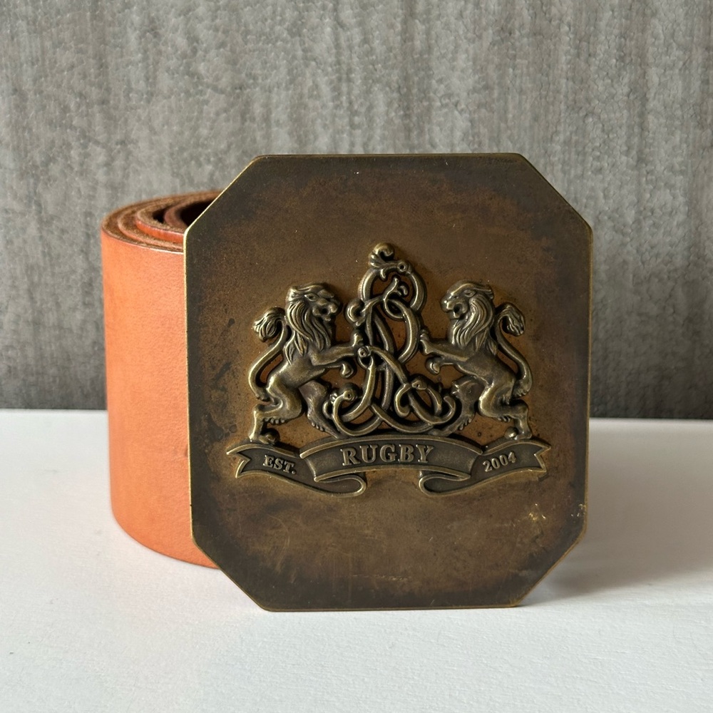 RUGBY Ralph Lauren Womens Wide Brown Leather Belt Lion Crest Buckle Size Large